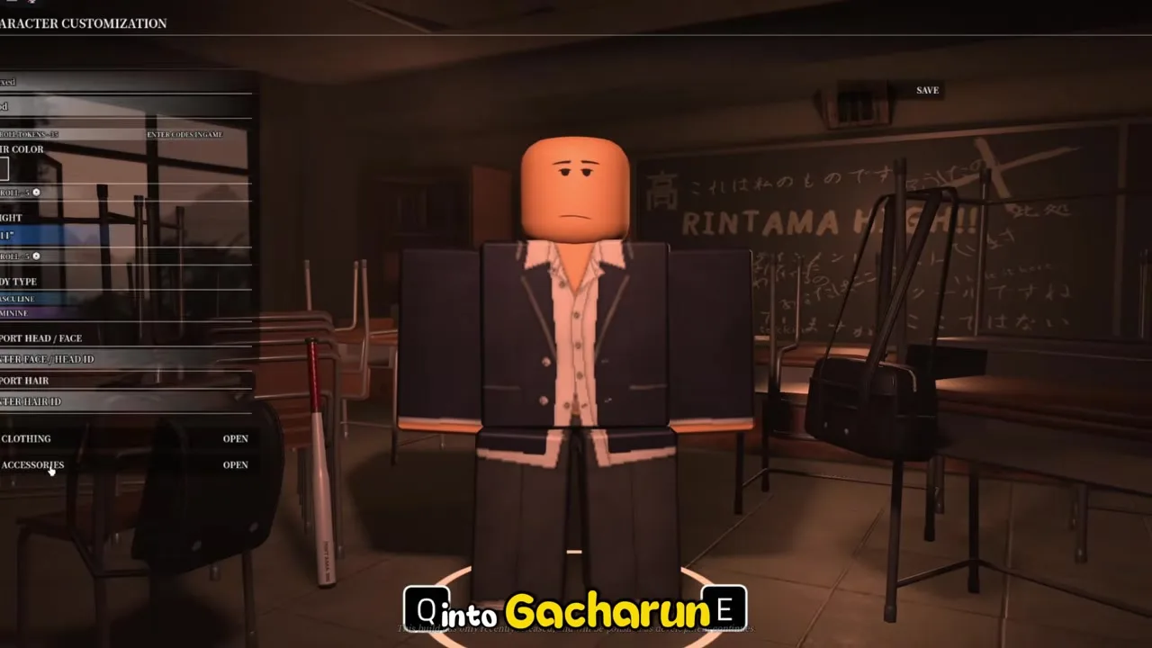 Rintama High character customization panel showing Import Hair and Enter Hair ID fields with a RINTAMA HIGH classroom chalkboard behind the student