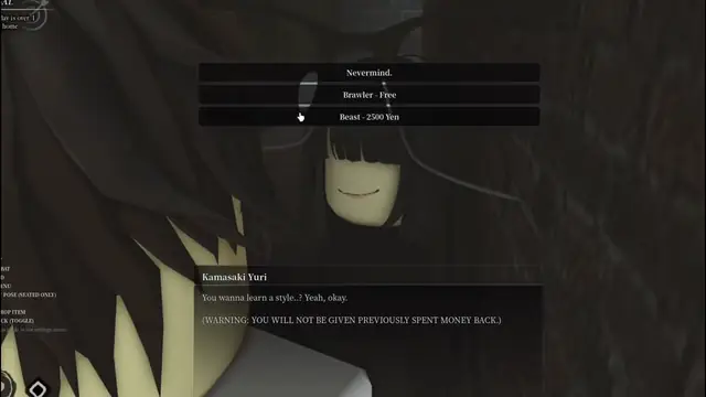 Rintama High player confirming a Beast or Rush fighting style purchase at Kamasaki Yuri with Yen deducted