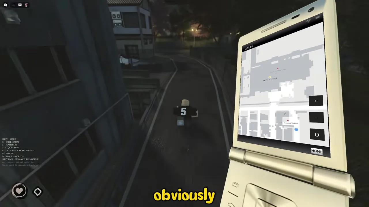 Rintama High student holding up a flip phone with the Maps app open over a street at night, showing the overlay map used to navigate Hokuheki City