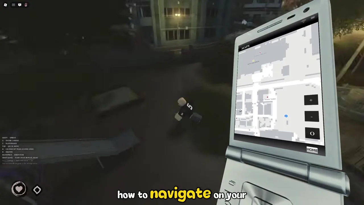 Rintama High Phone Maps overlay open while a student prepares skateboard travel across Hokuheki City streets at night